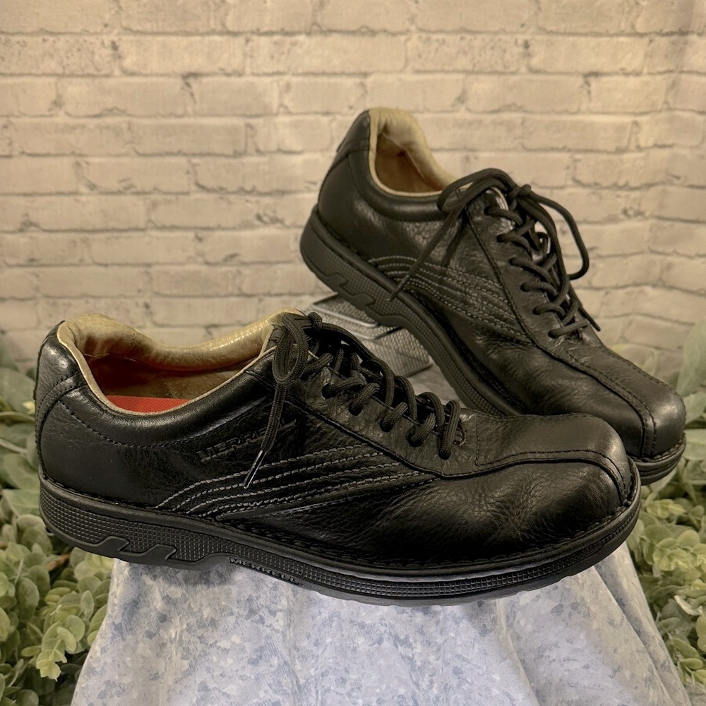 MERRELL “World Compass” Black Leather Round-Toe Stitch-Seam Oxford Mens 12M🖤VGUC